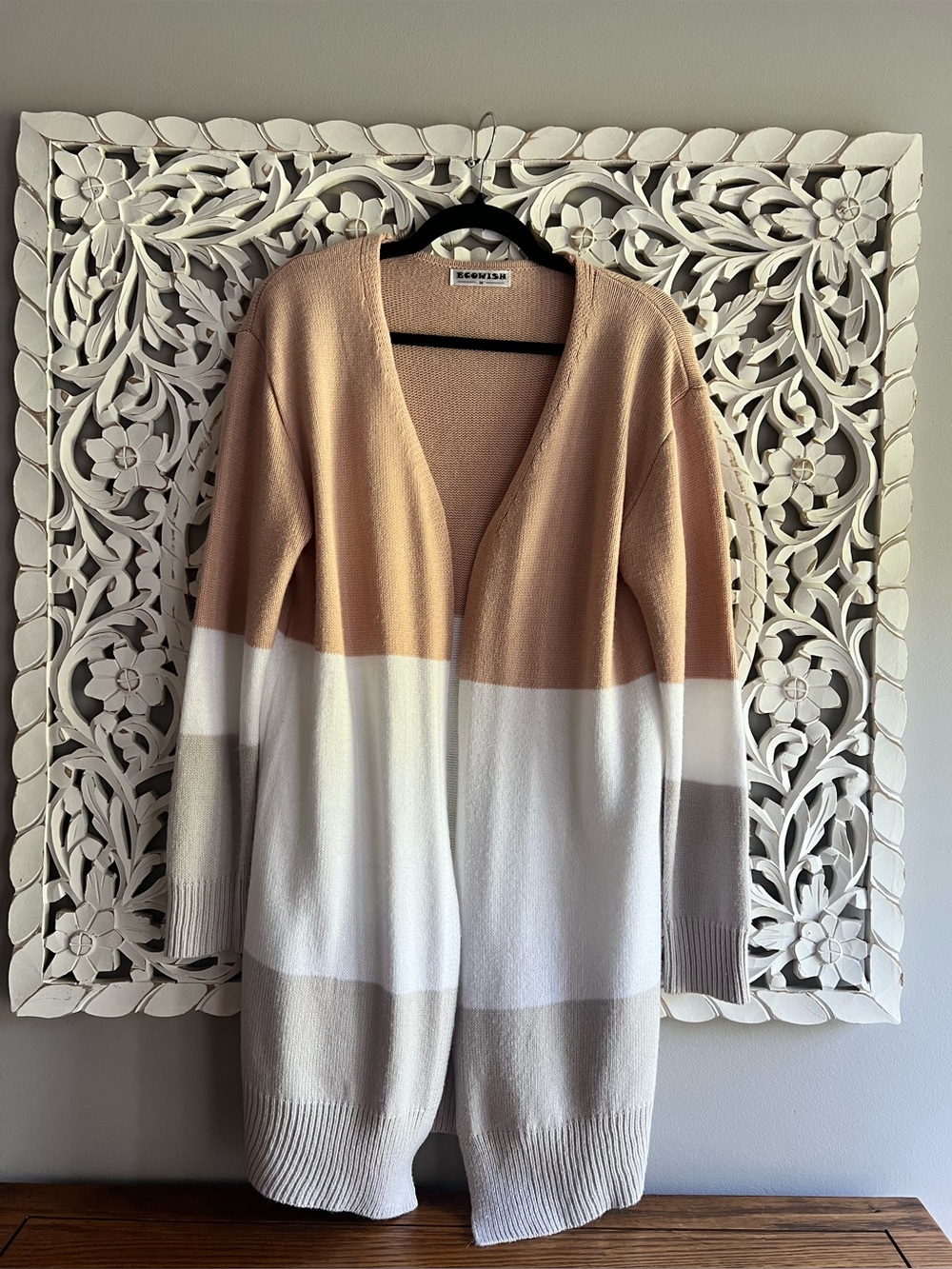 Wish Colorblock Open-Front Cardigan in Tan, White & Gray